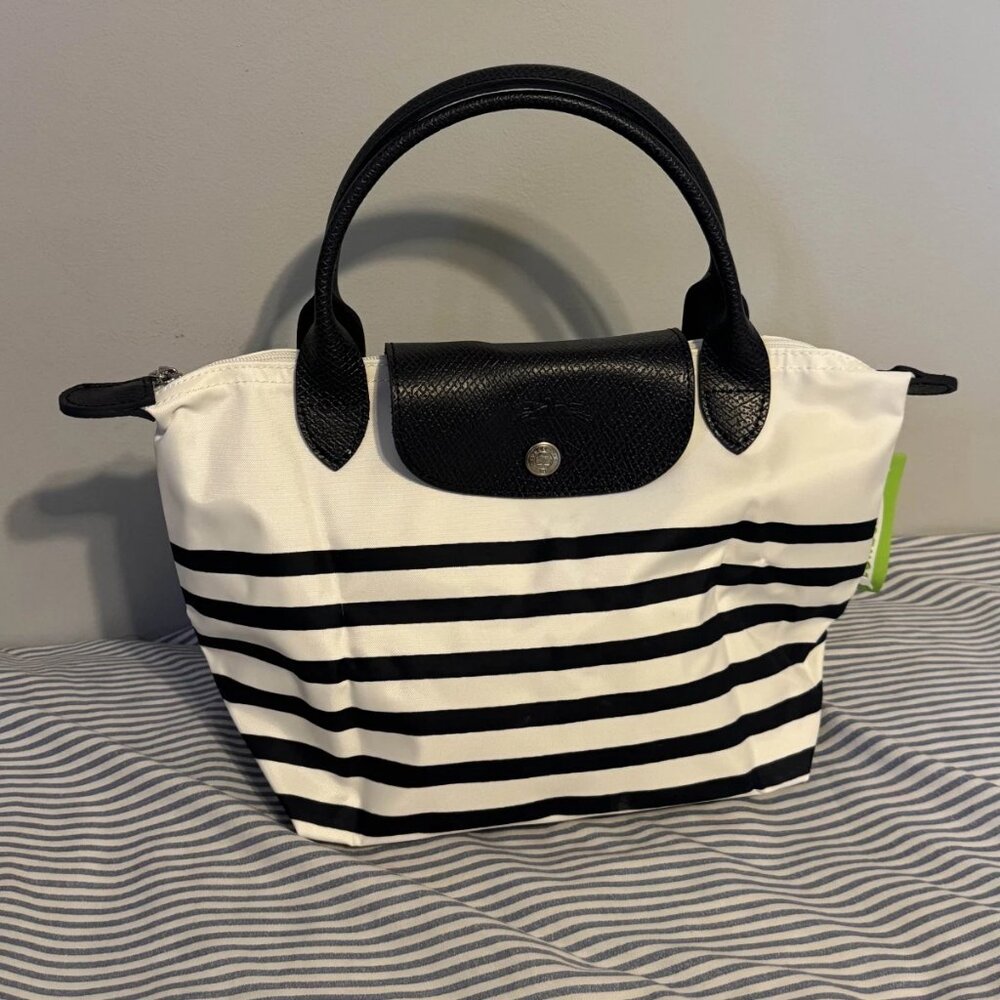 Longchamp Le Pliage M WHITE-NAVY-Striped Handbag Medium Bag Unused